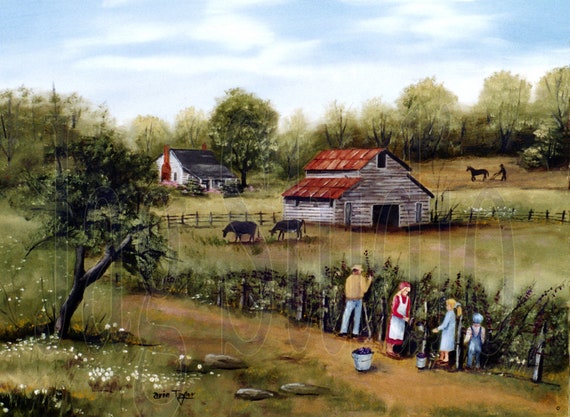 Folk Art Prints Picking Blackberries Country Barn Farm House - Country Farm Art Prints Folk Art Prints Picking Blackberries Country Barn Farm House - Country Farm Art Prints