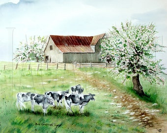 Cow Barn Landscape, Water color Print Fine Arts, Folk Art Apple Tree, Peach Blossom Trees, Cows In Pasture Wall Art, Animal art