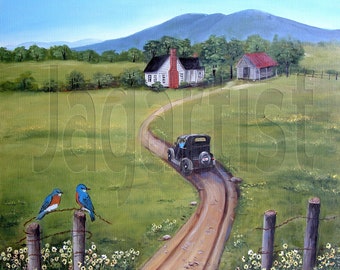 Landscape Folk Art Print, Original Painting, North Carolina, Blue Birds, Dirt Road, Black Old Truck Car, Baker's Mountain, Home Decor