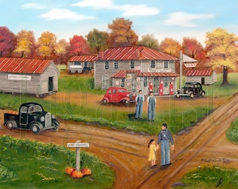 Autumn Painting Folk Art Prints Rural NC Country Store, Wall Decor, Dirt Country Cross Road Art, Old Cars, Girl in Yellow Dress