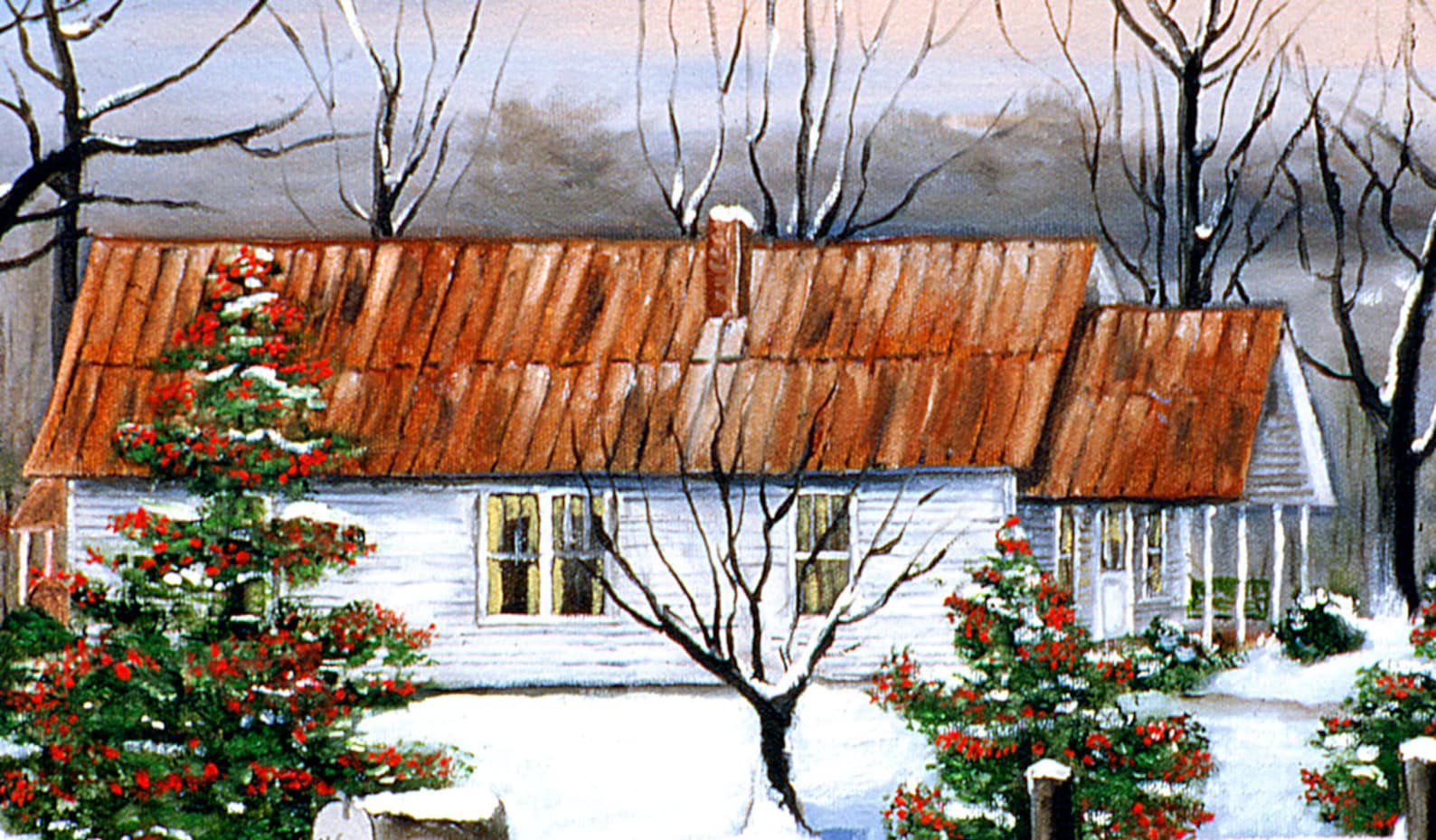 Winter Snow Christmas Landscape Folk Art Print Holly Bushes - Etsy