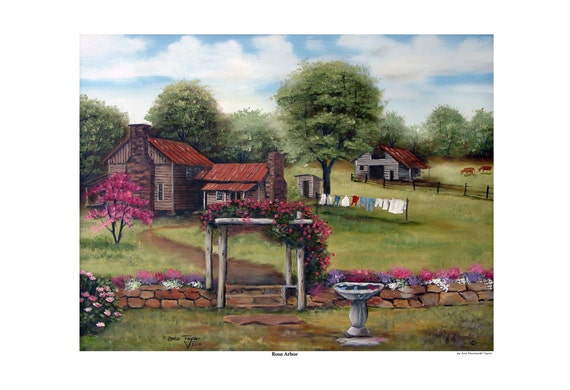 Folk Art Prints Birdbath Rose Arbor Clothes Line Art | Etsy