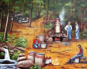 Primitive Folk Art Print, Moonshiner, Moonshine Still, North Carolina, Arie Reinhardt, Liquor still, Home Decor, Gifts for Him