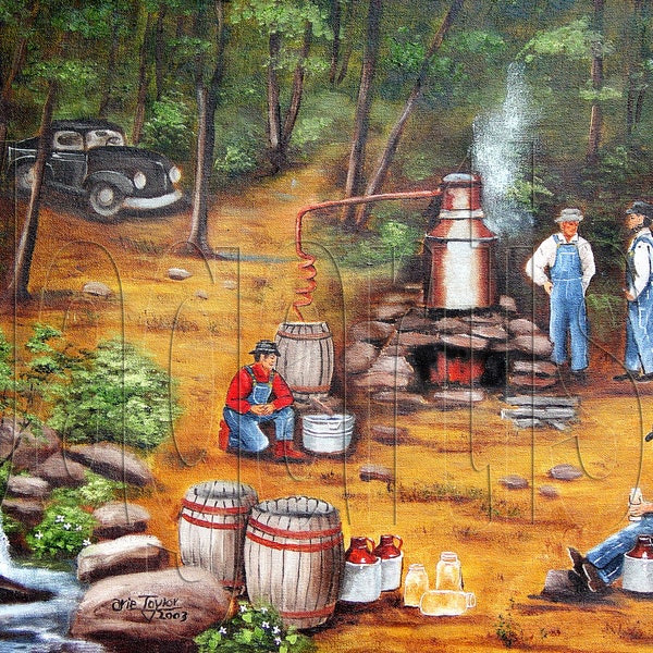 Primitive Folk Art Print, Moonshiner, Moonshine Still, North Carolina, Arie Reinhardt, Liquor still, Home Decor, Gifts for Him