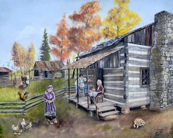 Folk Art Prints Log Cabin Farm, Woman Churning Butter, Man Playing Banjo, Chickens, Rooster, Cow Barn Autumn Scene, Dog in Yard by Audrey