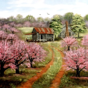 Peach Apple Orchard Spring Prints, Rustic Log Cabin, Dirt Road, Folk Art Print, Arie Reinhardt Taylor, Primitive Americana