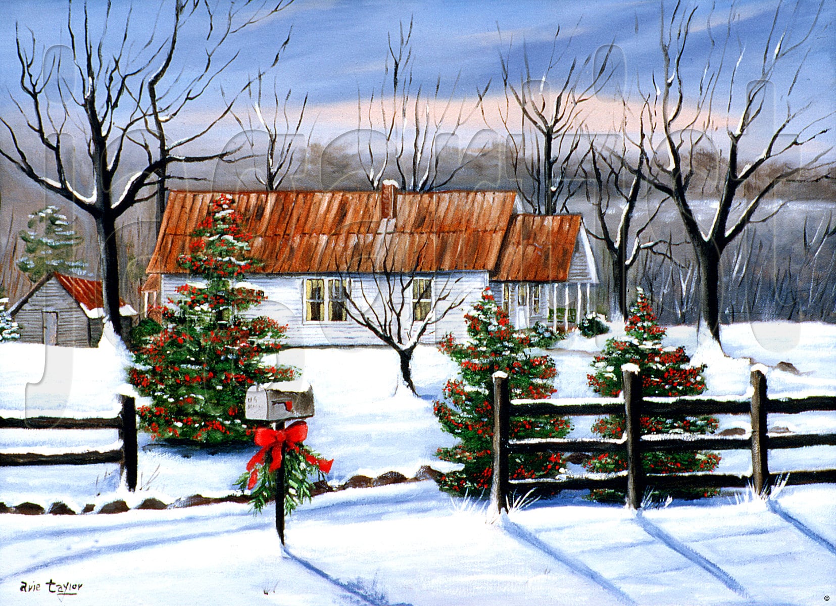 Winter Snow Christmas Landscape Folk Art Print Holly Bushes, Home