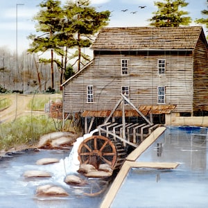 Howard&#39;s Creek Grist Mill Print: 1930s Folk Art, Lincolnton North Carolina