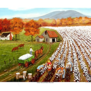 Cotton Field Landscape Primitive Folk Art Prints Autumn American, Cows in Pasture Wall Art, Southern cotton art, Gift for Him. Gifts for her image 10