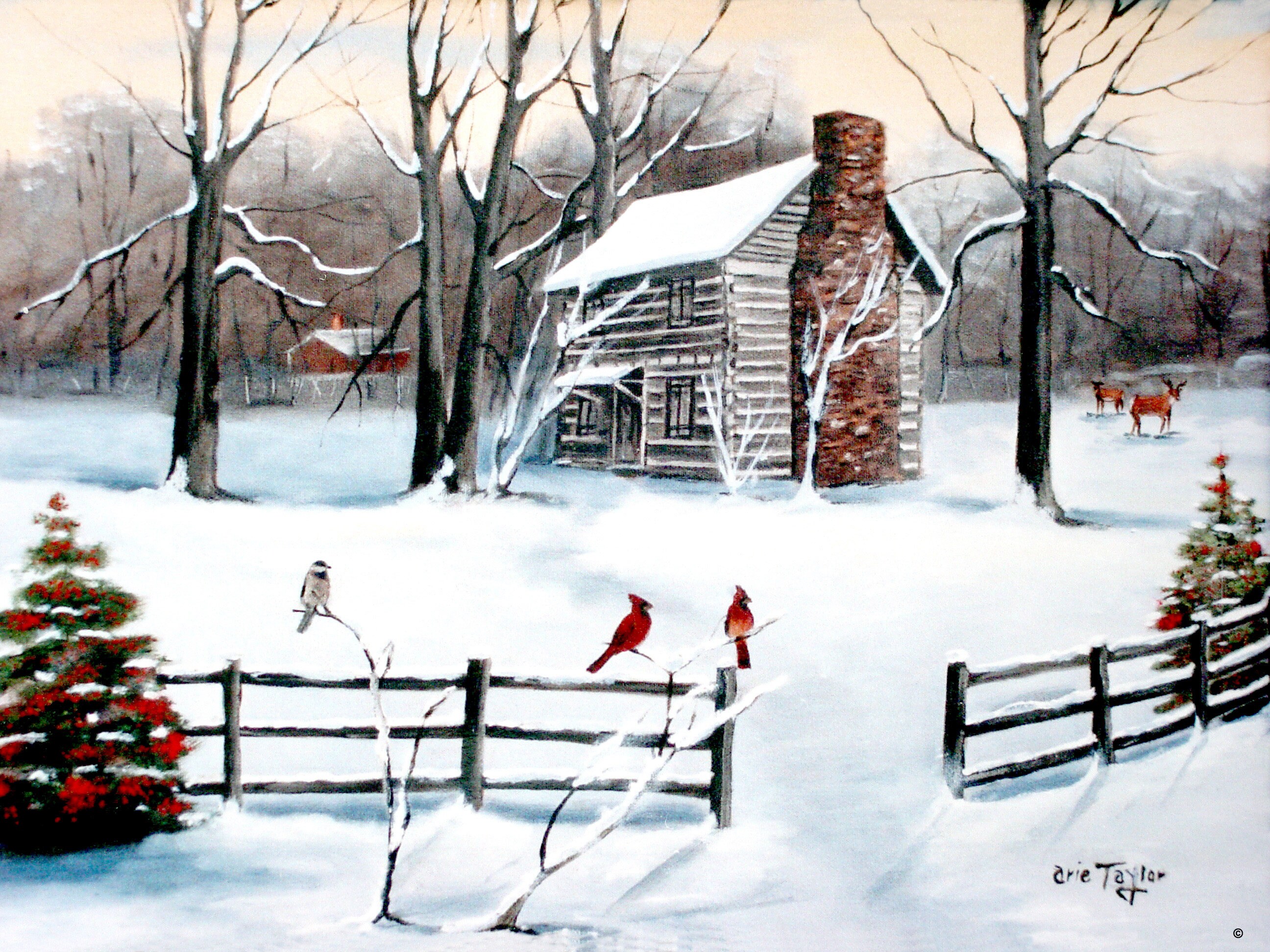 Winter Snow Folk Art Country Scene Log Cabin Fence Snow ...