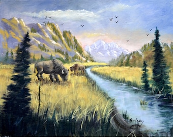 Folk Fine Art oil painting 11 x 14 Stretched Canvas Art Bison, Buffalo Great Plains mountain range