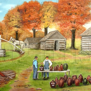 May include: An autumn landscape painting depicts a rural scene with log cabins, trees with orange foliage, and a well. Two men stand behind a table displaying brown pottery jugs with cartoon faces. A horse is near the well.
