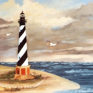 May include: A painting of a lighthouse with black and white stripes, a red brick base, and a black top. Two seagulls fly in the sky above the ocean. A small red building and a white fence are in the foreground.