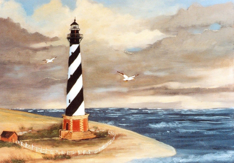 May include: A painting of a lighthouse with black and white stripes, a red brick base, and a black top. Two seagulls fly in the sky above the ocean. A small red building and a white fence are in the foreground.