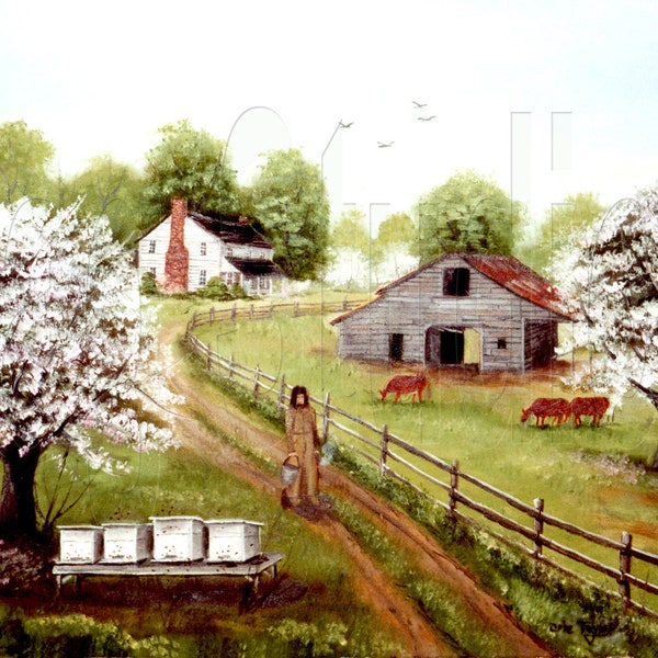 Folk Art Painting Beekeeper Fine Art America, Bee Hives, Dirt Road, Country Scene, Flowering Apple Peach Tree, Arie Taylor