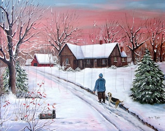 Southern Primitive Folk Art Print: Winter Sunrise, Man and Dog