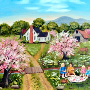 Country Spring Scene Folk Art Print, Tea Party, Pink Trees Dirt Road Mountain Barn Farm House, Arie R Taylor, Picnic, Home Wall Decor Art image 10