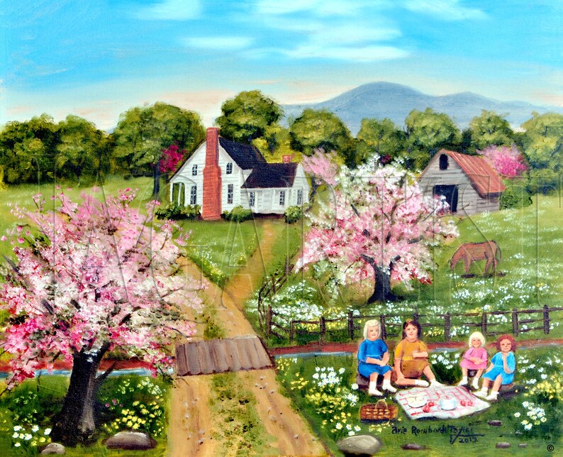 Country Spring Scene Folk Art Print, Tea Party, Pink Trees Dirt Road Mountain Barn Farm House, Arie R Taylor, Picnic, Home Wall Decor Art image 10