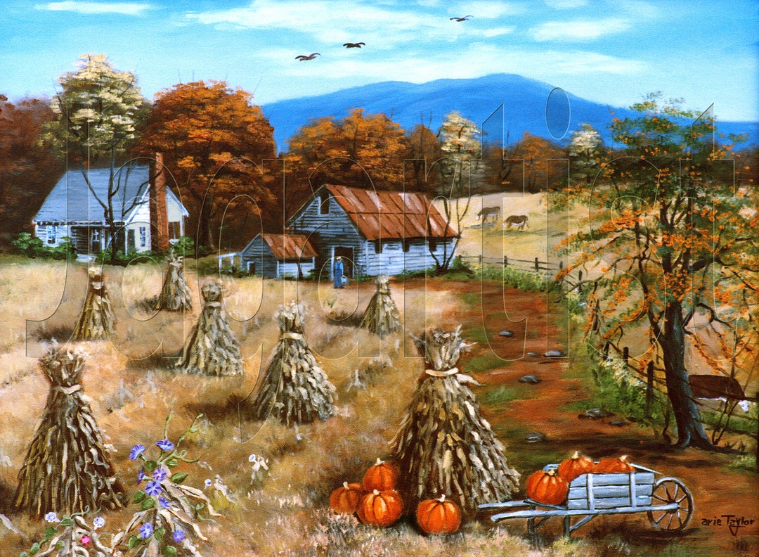 Autumn Folk Art Oil Painting Print, Persimmon Tree Landscape, Corn ...