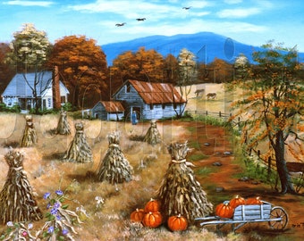 Autumn Folk Art Oil Painting Print, Persimmon Tree Landscape, Corn Stalks Morning Glory Pumpkins, Barn, Farm House, NC Mountain, Home Decor