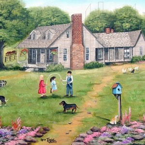 Children Jumping Rope Folk Art Paintings Landscape Prints, Primitive Art, Farm House, Chickens, Country Scene, Wall Home Art Decor