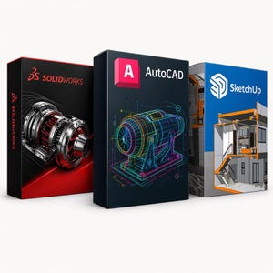 May include: Three rectangular software boxes standing side by side. The left box is black and red with a SolidWorks logo and a mechanical gear graphic. The middle box is black with an AutoCAD logo and a colourful wireframe engine graphic. The right box is blue and white with a SketchUp logo and a 3D architectural building cross-section graphic.