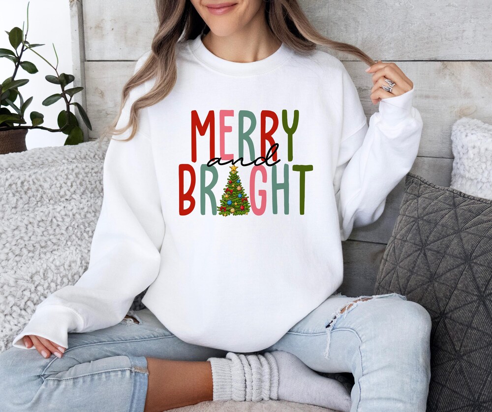 Merry And Bright Sweatshirt, Christmas Sweatshirt, Family Christmas Sweatshirt, Christmas Sweatshirts For Women, Merry Christmas Sweatshirt Printfushion