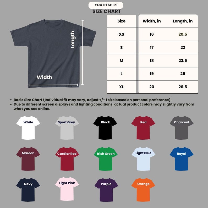 Puede incluir: Tabla de tallas de camisetas juveniles con medidas en pulgadas. La tabla incluye tallas XS a XL, con anchos y largos correspondientes. La imagen tambi&eacute;n muestra varios colores de camiseta, incluyendo blanco, negro, rojo y azul marino.