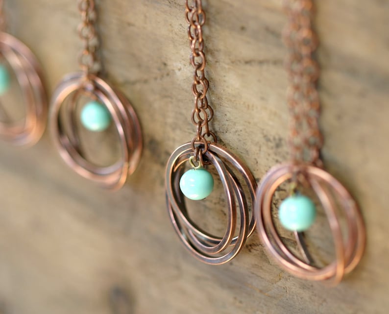 Copper Ring Necklace with Vintage Baby Blue Bead E0182 image 1
