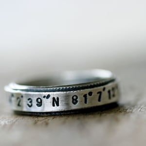 Latitude Longitude custom stamped sterling silver ring E0208 image 3