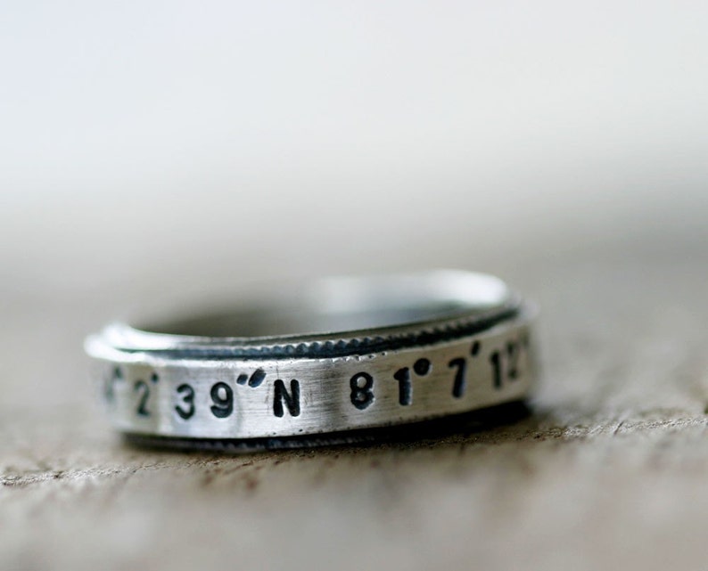 Latitude Longitude custom stamped sterling silver ring E0208 image 3