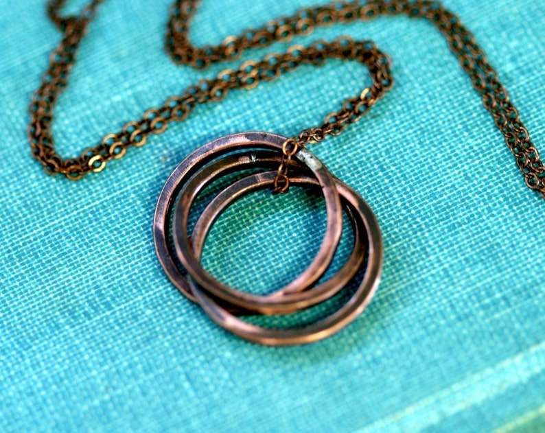 Rustic Oxidized Copper Trinity Ring Necklace E0247 image 4