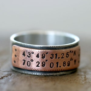 Latitude Longitude Wedding Ring Mixed Metal Band E0210 image 1