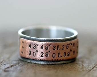 Latitude Longitude Wedding Ring Mixed Metal Band (E0210)