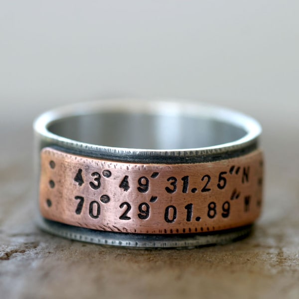 Latitude Longitude Wedding Ring Mixed Metal Band (E0210)