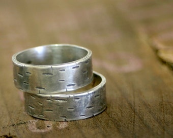 Birch Tree Wedding Ring Sterling Silver Band set of 2 (E0175)