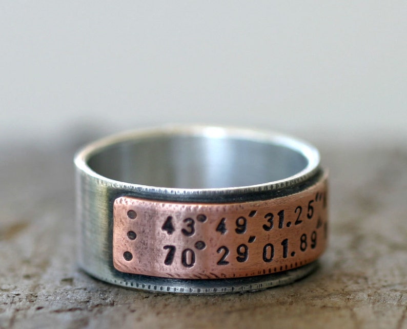 Latitude Longitude Wedding Ring Mixed Metal Band E0210 image 3