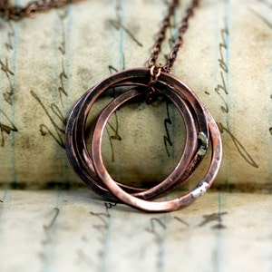 Rustic Oxidized Copper Trinity Ring Necklace E0247 image 1