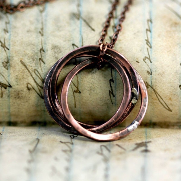 Rustic Oxidized Copper Trinity Ring Necklace (E0247)