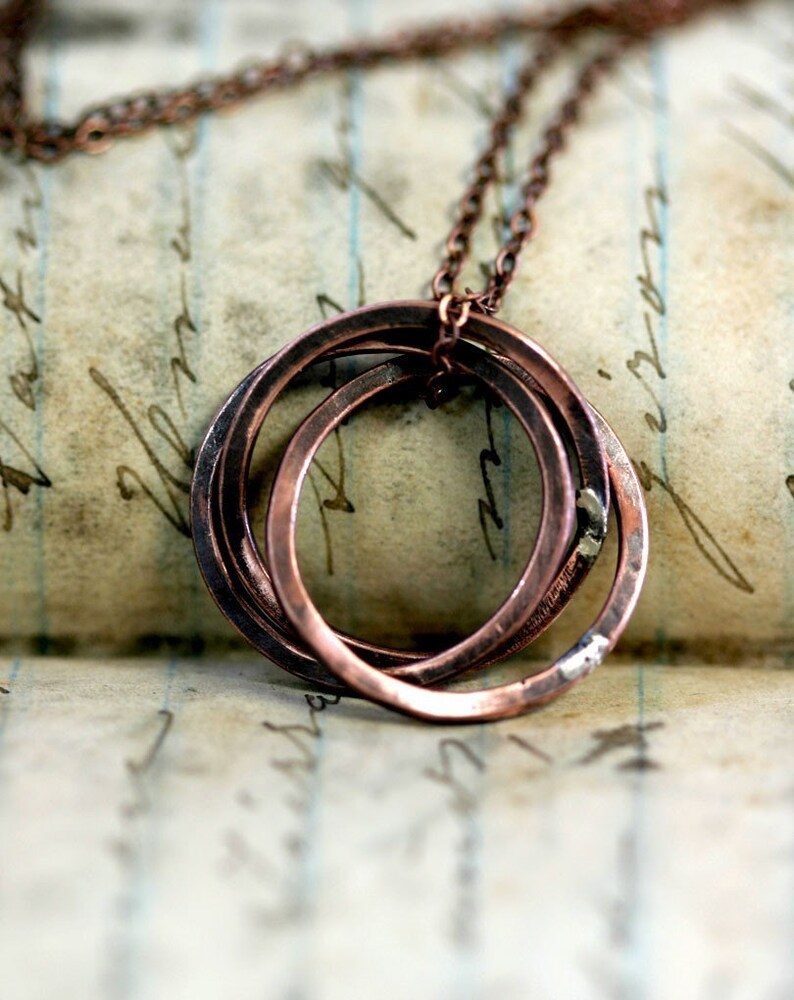 Rustic Oxidized Copper Trinity Ring Necklace E0247 image 1