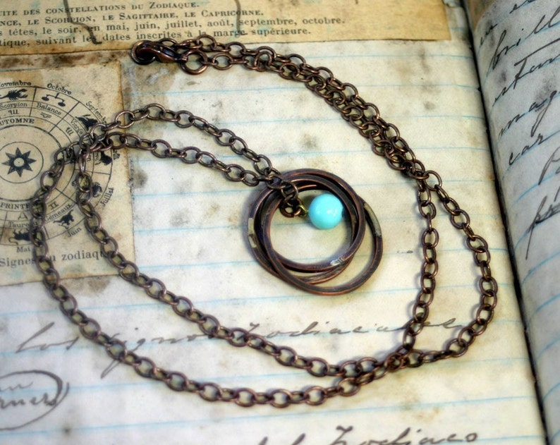 Copper Ring Necklace with Vintage Baby Blue Bead E0182 image 3