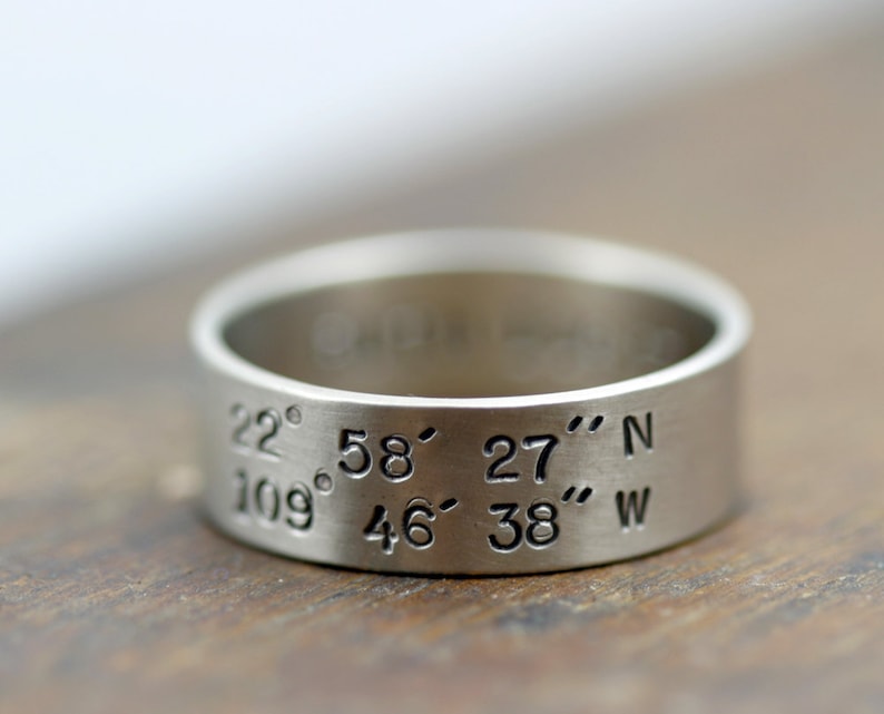 Gold Latitude and Longitude 14k Wedding Band E0195 image 1