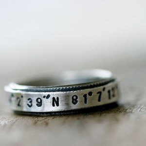 Latitude Longitude custom stamped sterling silver ring E0208 image 5