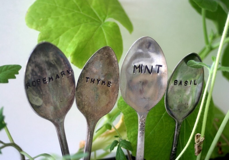 Vintage Silverware Garden Marker Mint Basil Rosemary Thyme Set E0327 image 1