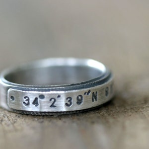 Latitude Longitude custom stamped sterling silver ring E0208 image 4