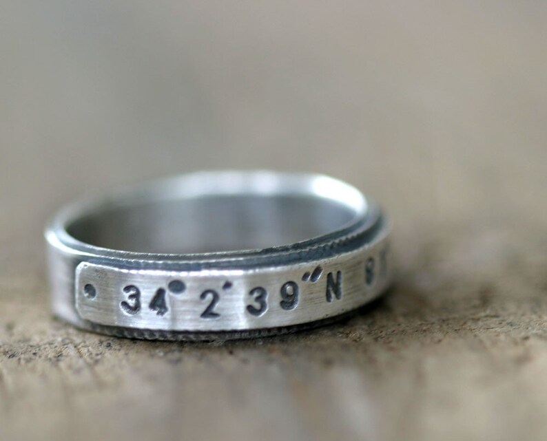 Latitude Longitude custom stamped sterling silver ring E0208 image 4