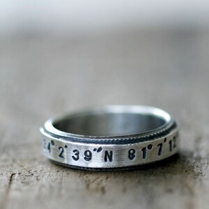 Latitude Longitude custom stamped sterling silver ring E0208 image 2