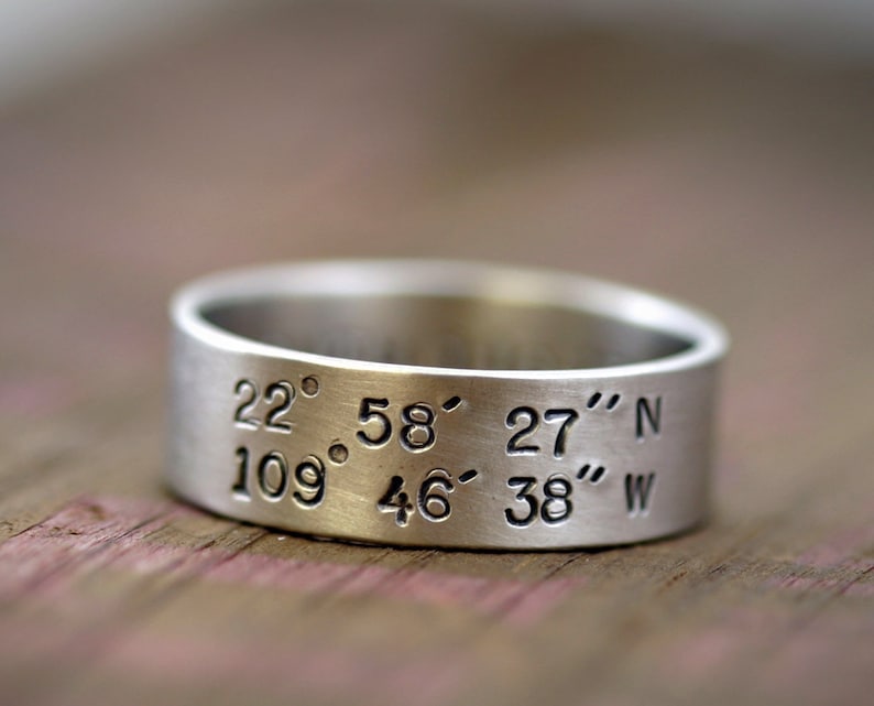 Gold Latitude and Longitude 14k Wedding Band E0195 image 4