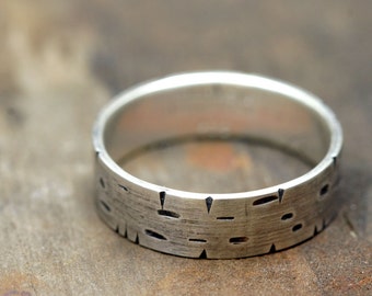 Birch Tree Bark Silver Band Ring (E0174)