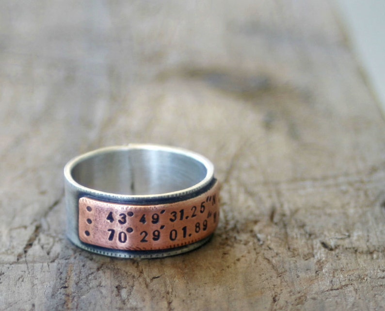 Latitude Longitude Wedding Ring Mixed Metal Band E0210 image 4